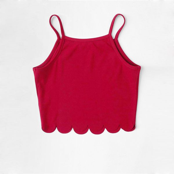 Bluecandy Summer Red Tank Crop Top Vest Woman Vacation Casual Scallop Hem Crop Spaghetti Strap Slim Cami Top