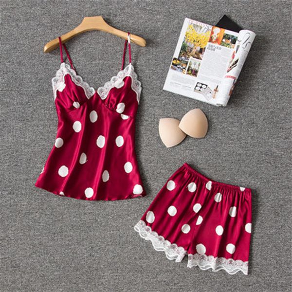 

daeyard silk pajamas for women lingerie cami and shorts with lace trim pyjama femme polka dot pijama sleepwear home clothes, Black;red