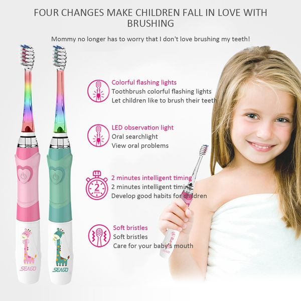 

seago children electric toothbrush for 3-12 ages battery children toothbrush led sonic kids toothbrush with timer 3 nozzles