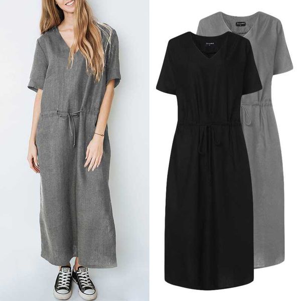 

vonda women dress sundress 2020 summer vintage v neck belt side split maxi long dresses casual loose vestidos plus size, Black;gray