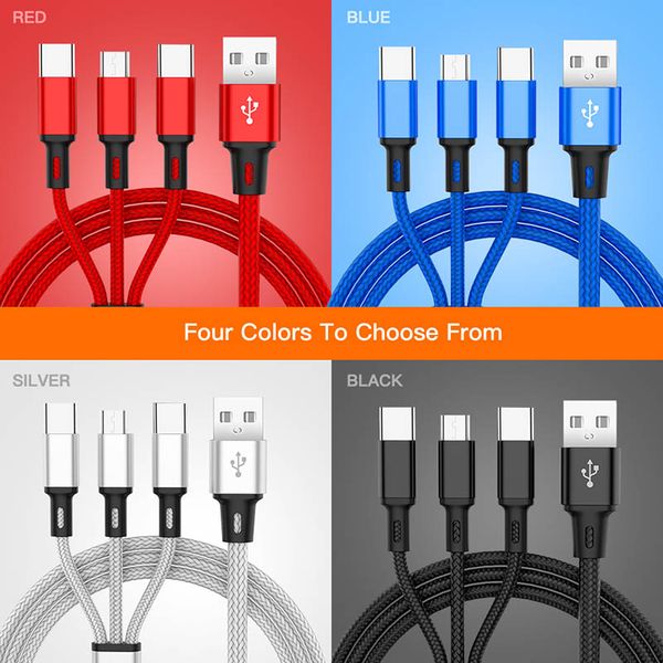 

for huawei lg samsung note10 s10 s9 plus 3 in 1 charging cable 1.2m braided micro usb cable with metal head plug