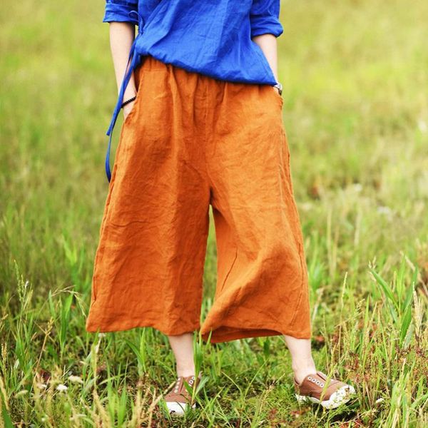 

fairynatural 2020 spring summer women linen trousers elastic waist loose ladies orange gray vintage wide leg pants plus size, Black;white