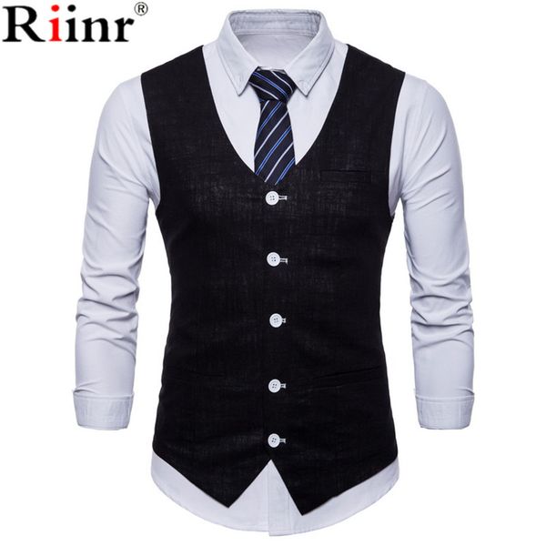 

riinr 2018 fashion new arrival waistcoat men brand business solid color sleeveless single breasted men's suit vests, Black;white