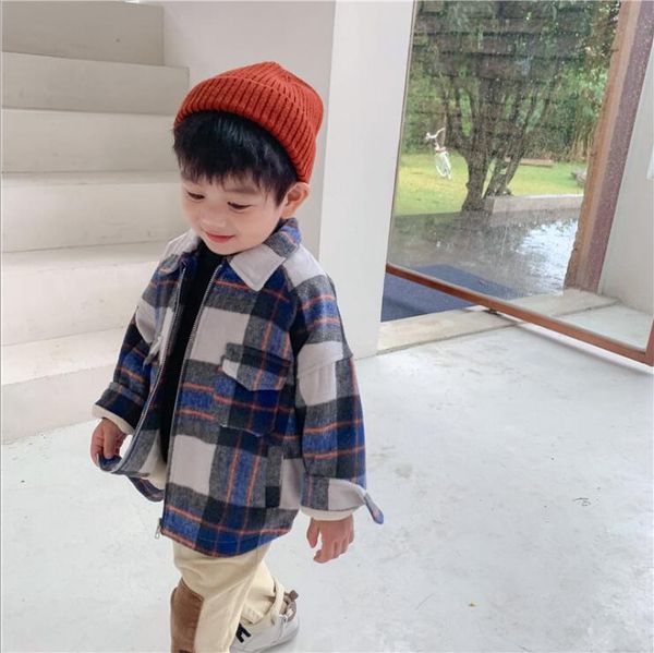 

2019 new wholesale boys girls plaid coat thicken winter woolen full sleeve kids jacket 2-7t hx768, Blue;gray
