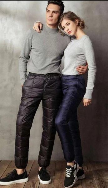 

down pants winter men women thick warm white duck down trousers new couple windproof waterproof pants plus size 5xl, Black