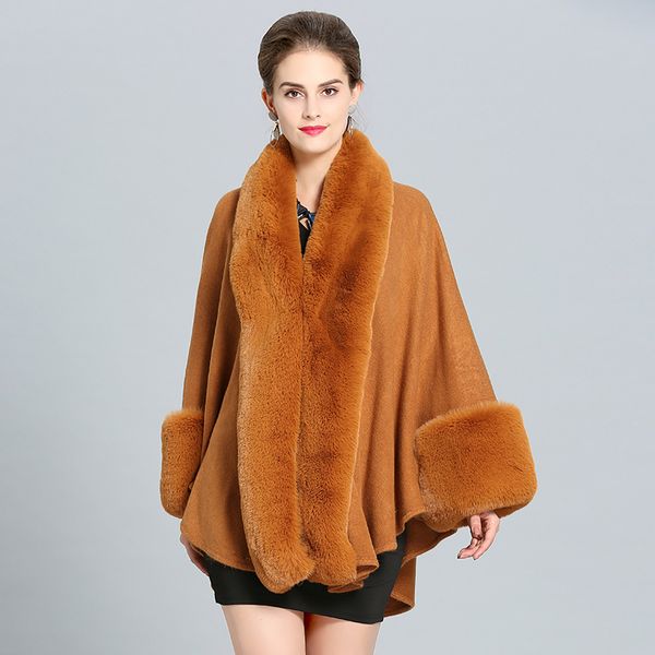 

winter coat 2018 new women elegant fur coat faux fur cloak cape fashion thick warm shawl long knitted ponchos, Black