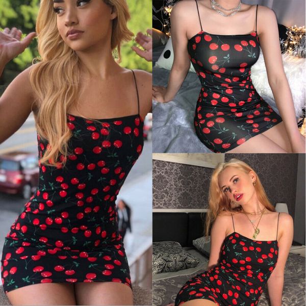 

2020 new cherry dress women strap sleeveless bodycon dress short mini evening party club sundress, Black;gray