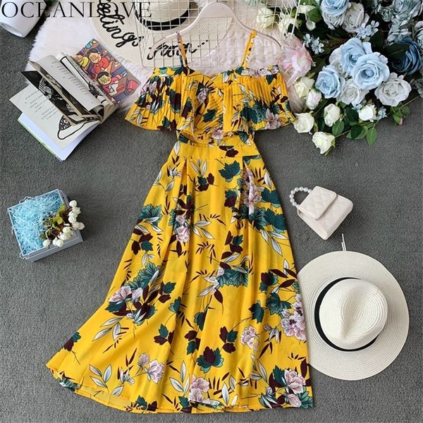 

oceanlove 2020 summer bohemian print dress women a-line ruffles vestidos high waist slash neck dresses robe femme 12092, Black;gray
