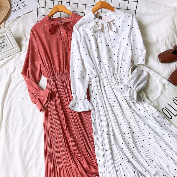 

длинные платья женщин конструктора платья женщин весна длинные польки vintage pattern bow knot плиссе элегантный дизайн одежды vestidos muje, Black;gray