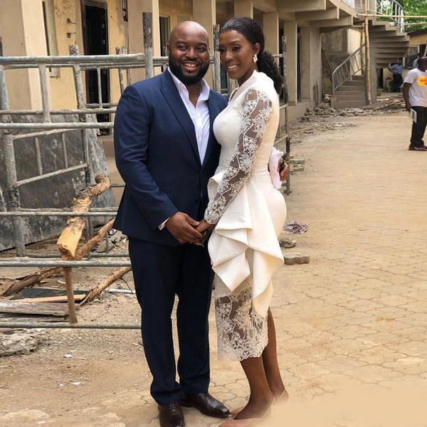 

aso ebi lace tea length prom dresses long sleeve appliques beading ruffles maid of honor dress satin short evening gowns, Black;red