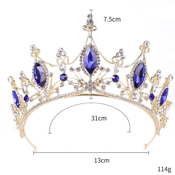 

blue rhinestone hair crown wedding hair jewelry accessories gold color diadem crystal head ornament half tiara women headdress, Golden;white
