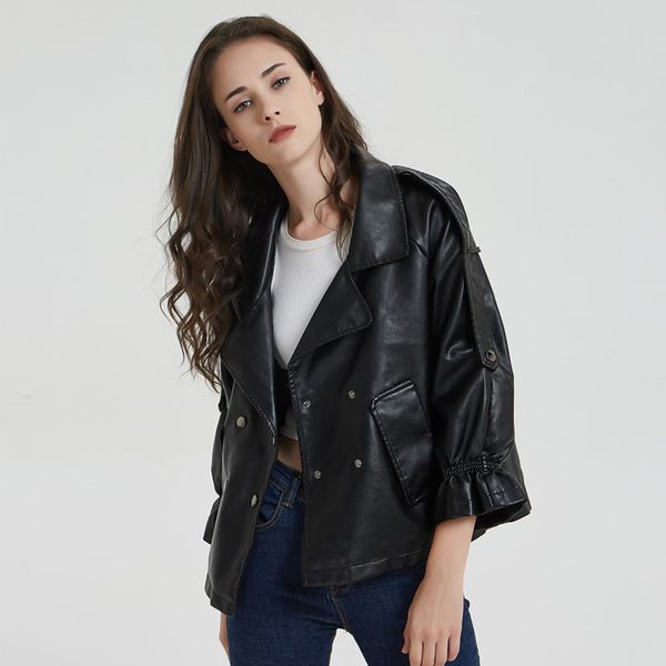 

women's leather & faux pu jacket women double breasted flare sleeve short motorcycle biker jackets ladies black brown outwear loose