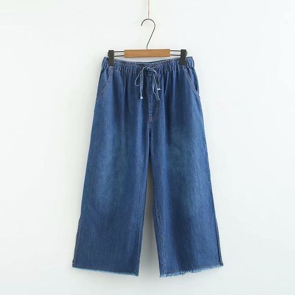

plus size women oversized jeans midi waist trousers wide leg ankle pants, Blue