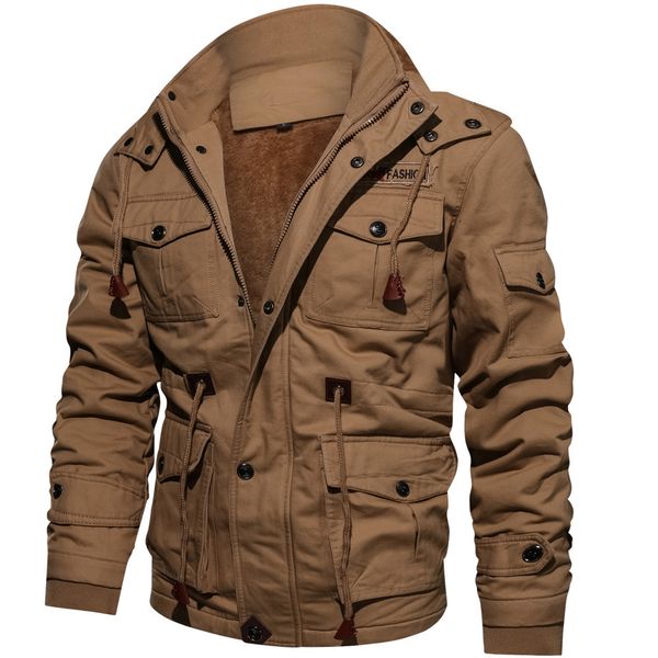 

male plus velvet warm hooded tooling wind wash tactical jacket men's coat plus size ~6xl brand winter fashion jacket, Tan;black