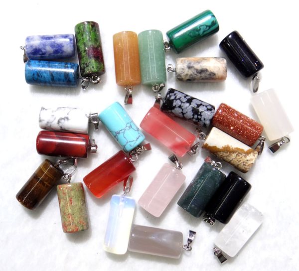 

wholesale natural stone quartz crystal tiger eye opal unakite mix onyx charms cylinder pendants for jewelry making necklace 12pc, Silver