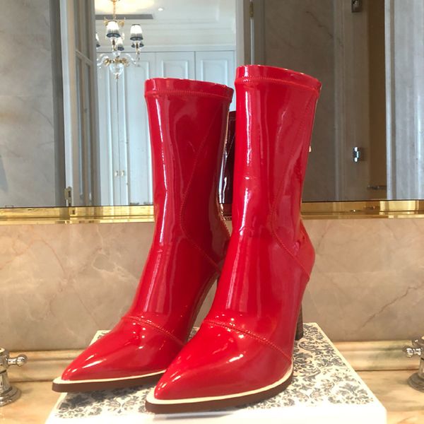 

fashion designer women patent leather boots pointed high heel womens elastic leather ankle autumn winter boot, Black