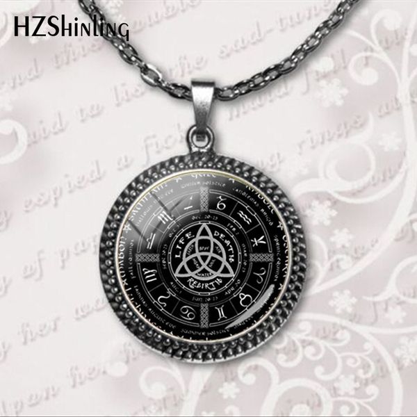 

2020 new fashion pagan wheel of the year necklaces pentagram pendant round p wiccan jewelry glass cabochon necklace, Silver