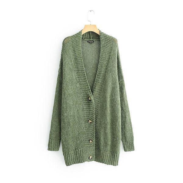 

2018 autumn winter europe casual vintage fashion v-neck long-sleeved knitted cardigans women solid army green long sweater coat, White;black