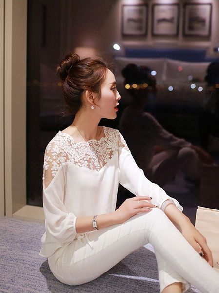 

2020 ladies girl women 3\4 sleeve lace hollow casual chiffon blouse crop women clothes plus size, White