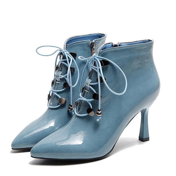 

women autumn lace up zipper ankle boots ladies pu leather pointed toe pumps square heels female shoes, Black