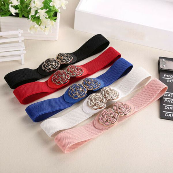 

women wide waist belt vintage metal flower elastic stretch buckle waistband cummerbunds, Black;brown