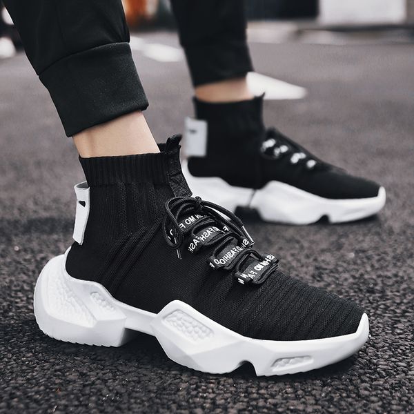 

breathable height increasing 5.5cm mens sock sneakers men high fashion casual shoes men chaussures lace-up zapatillas hombre, Black