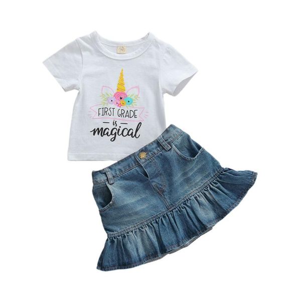 

new toddler baby girl kid cotton short sleeve t-shirt ruffle denim skirt clothes, White