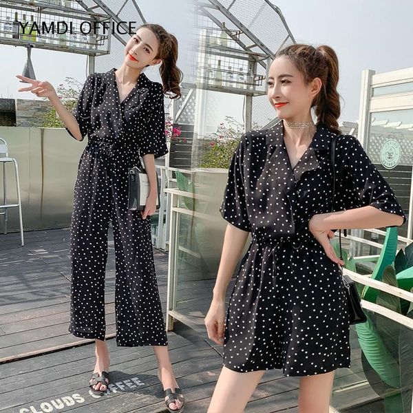 

yamdi women playsuits vintage summer chiffon half sleeve rompers polka dot lace up wide leg black high waist slim jumpsuits 2019, Black;white