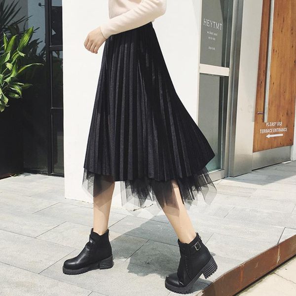 

spring 2020 women high waist asymmetric mesh velvet skirts elegant sweet patchwork mid-calf pleated all season skirt solid color, Black
