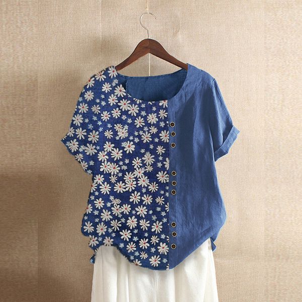 

comfortable breathable cotton linen tee shirt women loose blue green loose plus size s-4xl summer floral t-shirt button, White