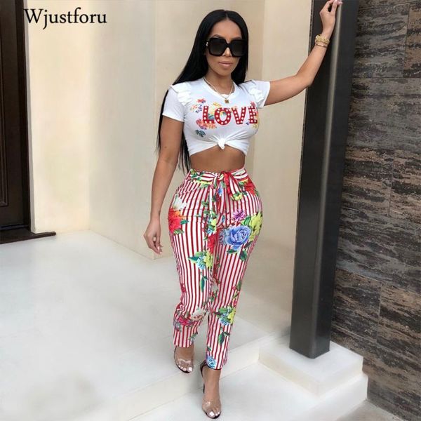 

wjustforu printed цветочные повседневный два piece set new summer rufflr топы и широкие брюки ноги полосатый элегантный two piece set женски, Gray