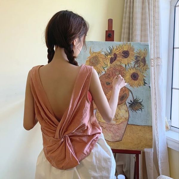 

summer clothes style back small machine twisted cotton linen small hollow knotted cotton and linen vest t-shirt vest t-shirt female student, White