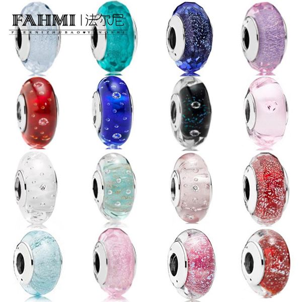 

fahmi 100% 925 sterling silver charm blue charming charming rainbow color charm pink flash facet murano glass purple flash facet, Black