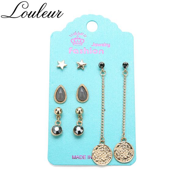 

louleur new romantic star crystal rose stud earrings set imitation pearl gold leaves long tassel earrings women korean jewelry, Golden;silver