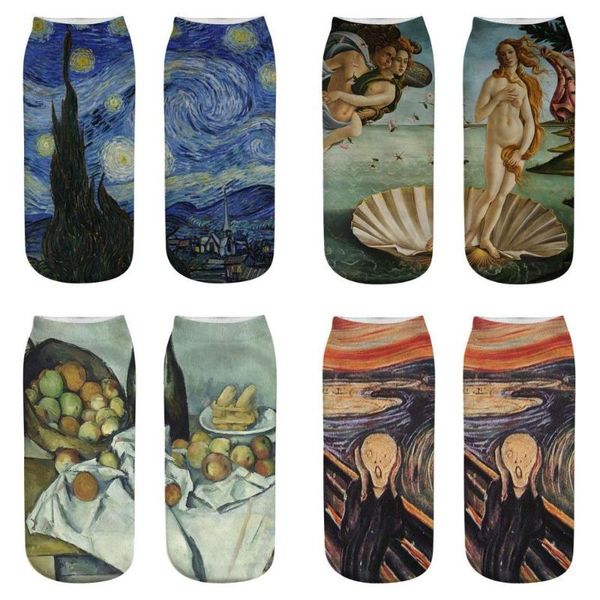 

oil painting short socks funny socks 3d print starry night sunflower gogh ankle novelty male casual, Black