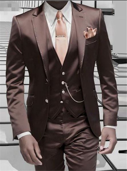 

new custom design two button shiny brown wedding groom tuxedos notch lapel groomsmen mens dinner blazer suits (jacket+pants+vest+tie) 493, Black;gray