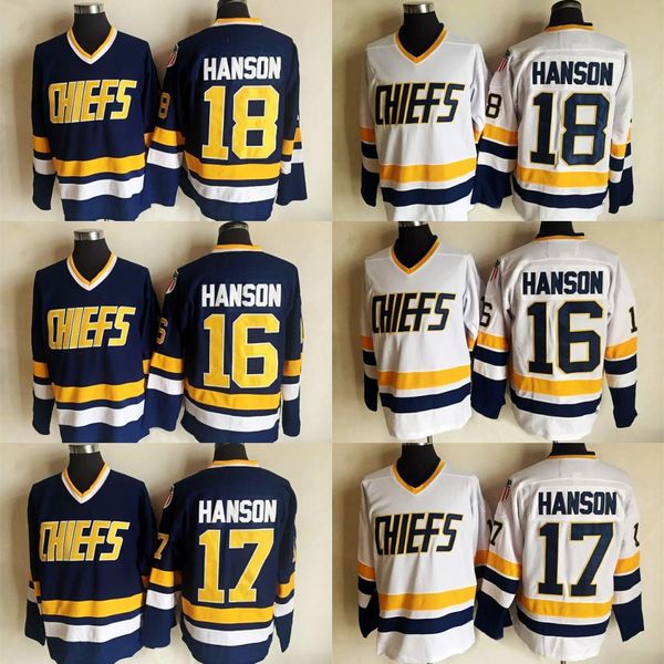 

Slap Shot Movie Charlestown Chiefs Hockey Jersey 17 Steve Hanson 18 Jeff Hanson 16 Jack Hanson Blue White Stitched Jerseys