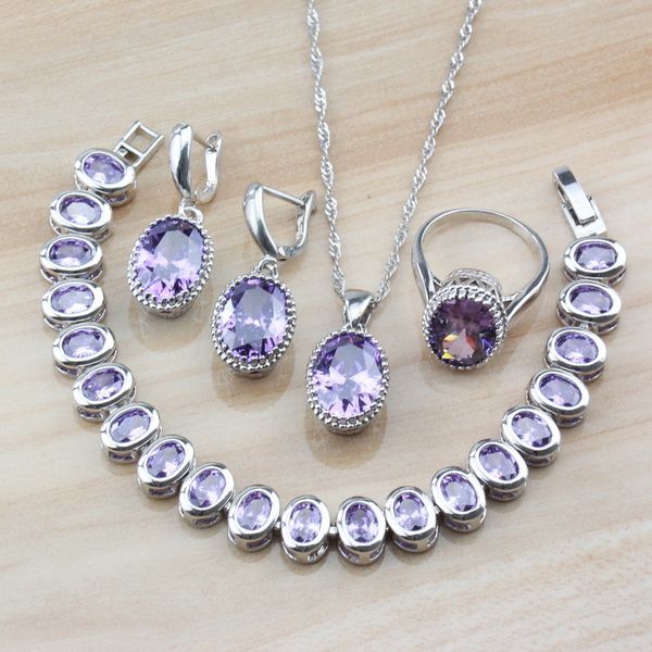 

affordable 925 silver oval purple crystal romantic wedding jewelry sets for women costume handsel independent gift box, Slivery;golden