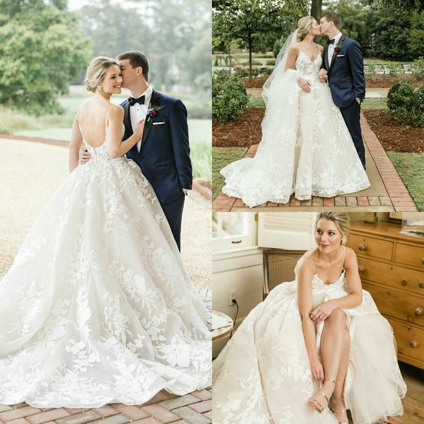 

new country wedding dresses spaghetti lace appliqued backless beach wedding dress sweep train custom made boho bridal gowns, White
