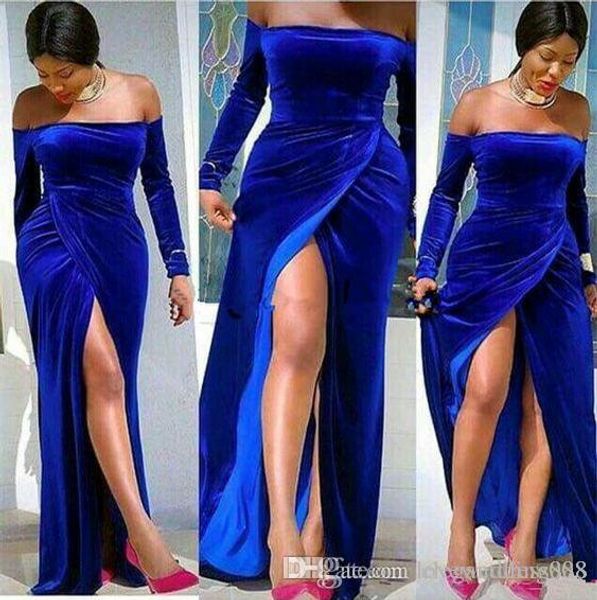 

новый сексуальный royal blue velvet high side раздельное выпускные платья для девочек черные с длинными рукавами плеча шеи вечерние партии g, Black