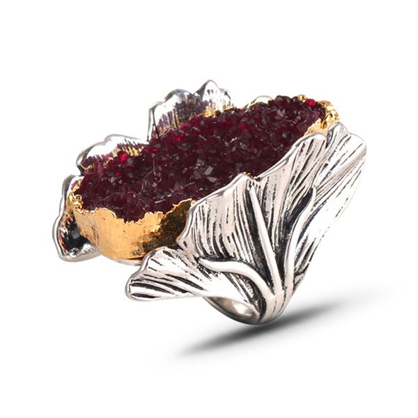 

[ddisplay]luxury creative new gingko leaves ring retro engagement lady natural red/blue resin sliver rings female surface polishing size 6-9, Silver