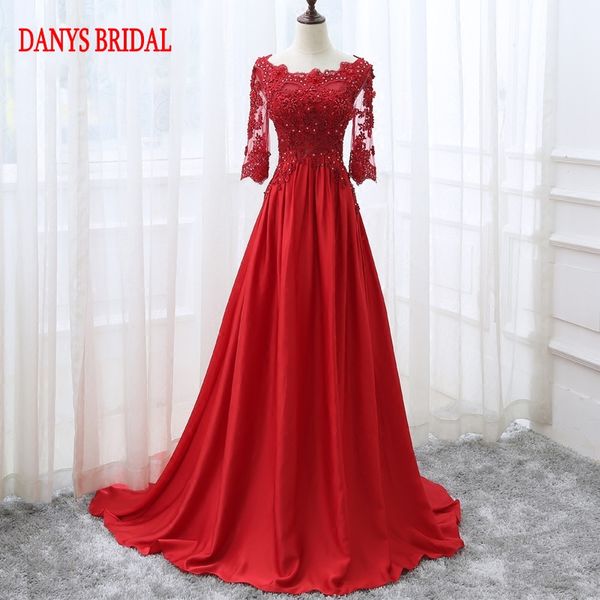 

red long sleeve lace evening dresses party satin women prom beaded formal evening gowns dresses robe de soiree longue, White;black