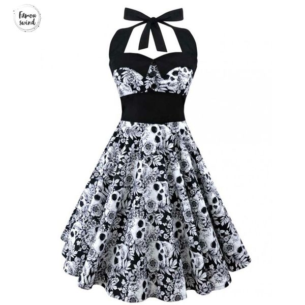 

женщины платье длиной до колен стиль vintage рукавов 3d череп цветочные печатный холтер summer plus размер партии сексуальное вскользь, Black;gray