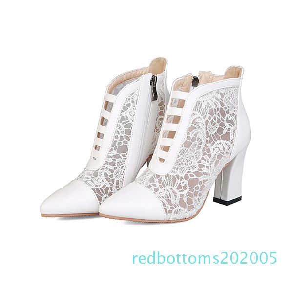 

2019 summer chunky high heels pointed boots with lace hollow out breathable mesh back zipper women fashion boots r05, Black