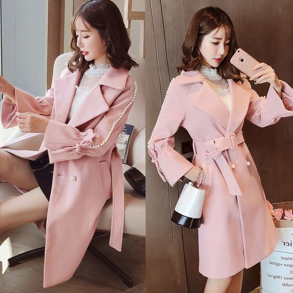 

fashion flare sleeve pearls women wool coat with belt double breasted medium long woolen coat lapel women's cashmere jackets, Black