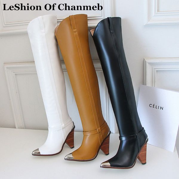 

2020 fashion over the knee western boots women size 34-44 pointed toe wedges heels thigh high boots slip ons ladies runway shoes, Black