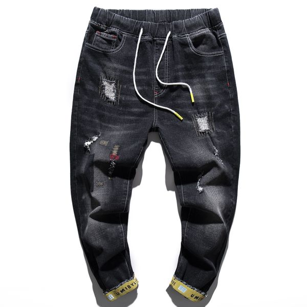 

мужские повседневные джинсы брюки denim нищий брюки хлопок vintage wash hip hop эластичный пояс брюки мужские streetwear рваные джинсы, Blue