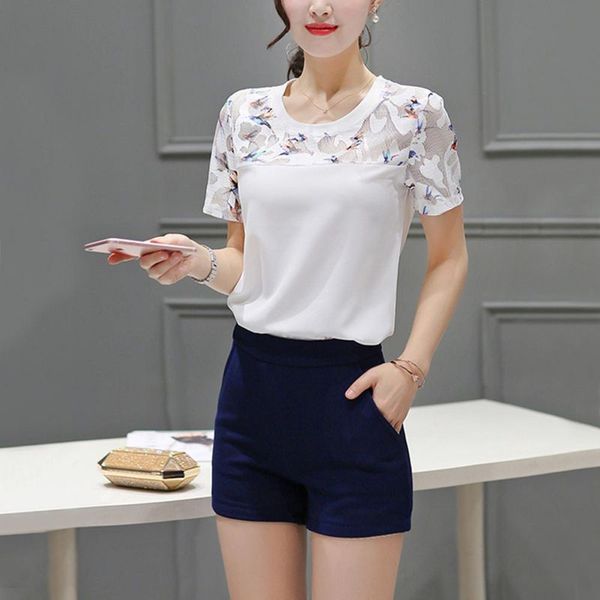 

summer blouse fashion hollow out lace hem women blouse and short sleeve women's, White