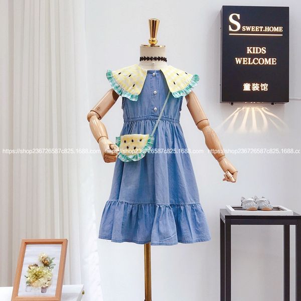 

girls dress 2020 summer new baby dress watermelon lapel denim waist with small bag, Red;yellow