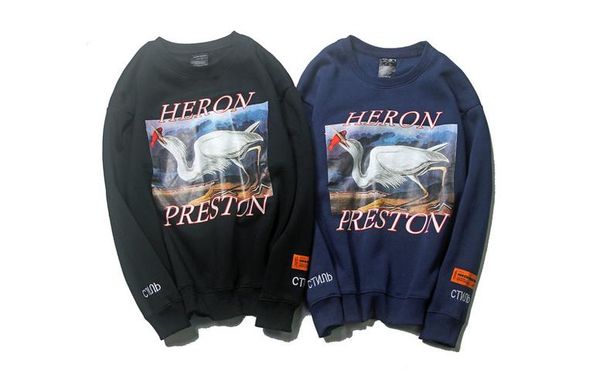 

Mens High Street Hoodies Kanye HERON PRESTON Red-crowned Crane O-neck Pullovers Tops